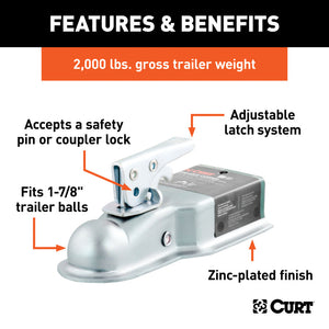 Curt 1-7/8in Straight-Tongue Coupler w/Posi-Lock (3in Channel 2000lbs Zinc)