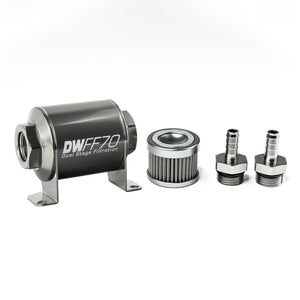 DeatschWerks Stainless Steel 3/8in 100 Micron Universal Inline Fuel Filter Housing Kit (70mm)