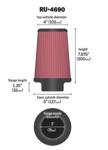 K&N Universal Round Tapered Filter 3 inch FLG / 5 inch Bottom / 4 inch Top / 7 7/8 inch Height