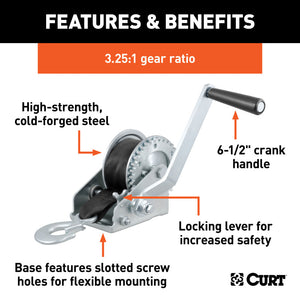 Curt Hand Winch w/15ft Strap (900lbs 6-1/2in Handle)