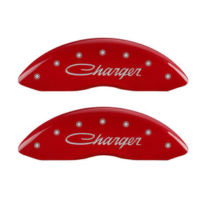 MGP 4 Caliper Covers Engraved Front & Rear Cursive/Charger Red finish silver ch