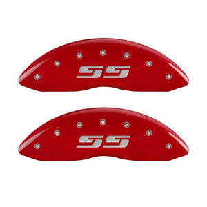 MGP 4 Caliper Covers Engraved Front & Rear Silverado style/SS Red finish silver ch