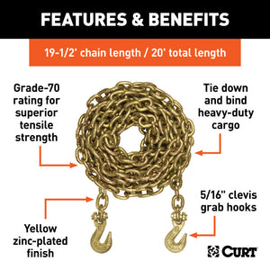 Curt 20ft Transport Binder Safety Chain w/2 Clevis Hooks (18800lbs Yellow Zinc)