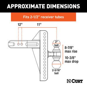 Curt Adjustable Channel Mount w/Dual Ball (2-1/2in Shank 20000lbs 10-3/8in Drop)