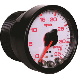 Autometer Spek-Pro Gauge Boost 2 1/16in 35psi Stepper Motor W/Peak & Warn White/Black