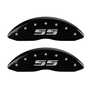 MGP 4 Caliper Covers Engraved Front & Rear Silverado style/SS Black finish silver ch