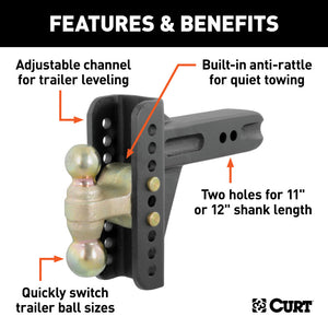 Curt Adjustable Channel Mount w/Dual Ball (2-1/2in Shank 20000lbs 6in Drop)