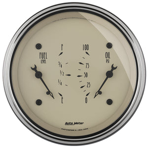 AutoMeter Gauge Dual Fuel & Oilp 3-3/8in. 0 Ohm(e) to 90 Ohm(f)& 100PSI Elec Antq Beige