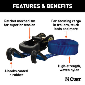 Curt 16ft Blue Cargo Straps w/J-Hooks (733lbs 2-Pack)