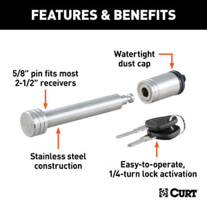 Curt 5/8in Hitch Lock (2in or 2-1/2in Receiver Barbell Stainless)