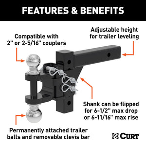 Curt Adjustable Multipurpose Ball Mount (2in Shank 2in & 2-5/16in Balls)