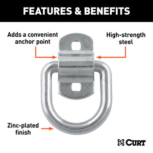 Curt 3in x 3in Surface-Mounted Tie-Down D-Ring (3600lbs Clear Zinc)