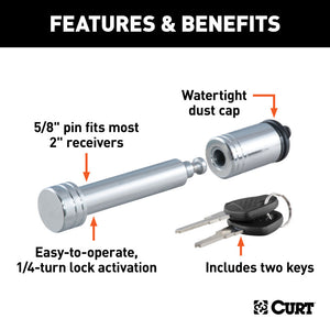 Curt 5/8in Hitch Lock (2in Receiver Barbell Chrome)