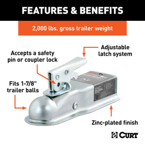 Curt 1-7/8in Straight-Tongue Coupler w/Posi-Lock (2-1/2in Channel 2000lbs Zinc)