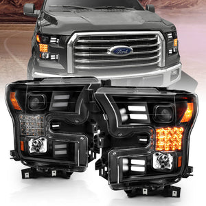 ANZO 15-17 Ford F-150 Project Headlights w/ Plank Style Design Black w/ Amber Sequential Turn Signal