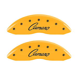 MGP 4 Caliper Covers Engraved Front & Rear Cursive/Camaro Yellow finish black ch