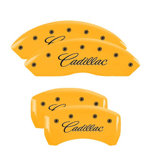 MGP 4 Caliper Covers Engraved Front Cursive/Cadillac Engraved Rear CTS Yellow finish black ch