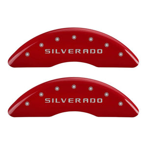 MGP 4 Caliper Covers Engraved Front & Rear Silverado Red finish silver ch