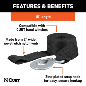 Curt 15ft Winch Strap w/Snap Hook (1100lbs)