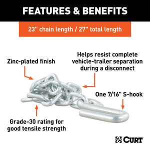 Curt 27in Safety Chain w/1 S-Hook (5000lbs Clear Zinc)