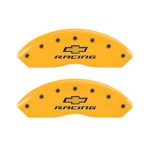 MGP 4 Caliper Covers Engraved Front & Rear Chevy Racing Yellow Power Coat Finish Black Characters