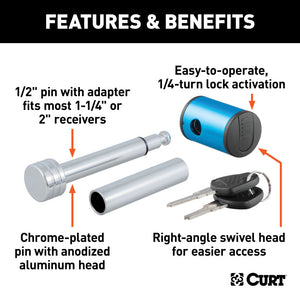 Curt 1/2in Hitch Lock w/5/8in Adapter (1-1/4in or 2in Receiver Right-Angle Chrome)