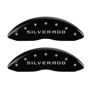 MGP 4 Caliper Covers Engraved Front & Rear Silverado Black finish silver ch