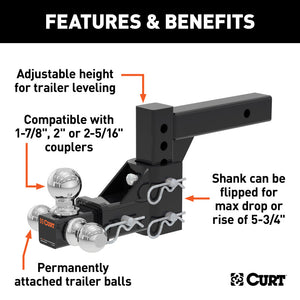 Curt Adjustable Tri-Ball Mount (2in Shank 1-7/8in 2in & 2-5/16in Balls)