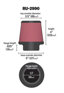 K&N Filter Universal Rubber Filter 3 1/2 inch Flange 5 inch Base 3 1/2 inch Top 4 inch Height