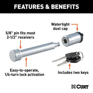 Curt 5/8in Hitch Lock (2in or 2-1/2in Receiver Barbell Chrome)