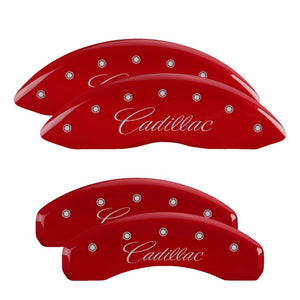 MGP 4 Caliper Covers Engraved Front Cursive/Cadillac Engraved Rear SRX Red finish silver ch