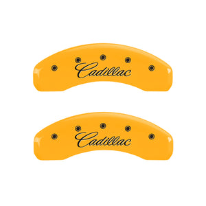 MGP 4 Caliper Covers Engraved Front & Rear Cursive/Cadillac Yellow finish black ch