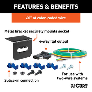 Curt 4-Way Flat Connector Socket w/Hardware (Vehicle Side Packaged)