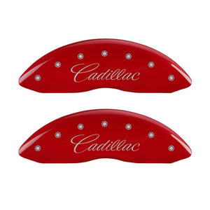 MGP 4 Caliper Covers Engraved Front & Rear Cursive/Cadillac Red finish silver ch