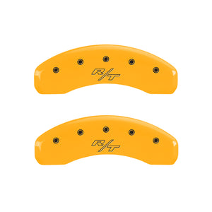 MGP 4 Caliper Covers Engraved Front Cursive/Challenger Engraved Rear RT Yellow finish black ch