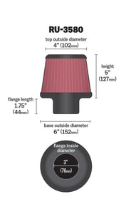 K&N Filter Universal Rubber Filter 3 Inch Flange 6 inch Base 4 inch Top 5 inch Height