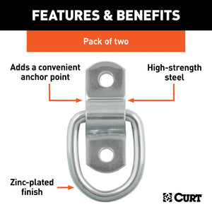 Curt 1in x 1-1/4in Surface-Mounted Tie-Down D-Rings (1200lbs Clear Zinc 2-Pack)