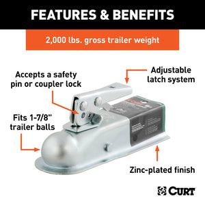 Curt 1-7/8in Straight-Tongue Coupler w/Posi-Lock (2in Channel 2000lbs Zinc)