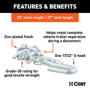 Curt 27in Safety Chain w/1 S-Hook (7000lbs Clear Zinc)