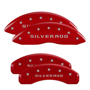 MGP 4 Caliper Covers Engraved Front & Rear Silverado Red finish silver ch