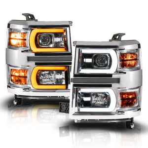 Anzo 14-15 Chevy Silverado 1500 Chrome Dual Switchback+Sequential LED Tube Sq. Projector Headlights