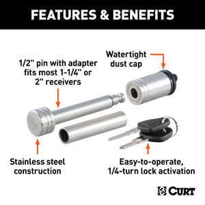 Curt 1/2in Hitch Lock w/5/8in Adapter (1-1/4in or 2in Receiver Barbell Stainless)