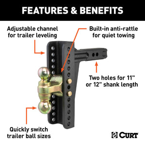 Curt Adjustable Channel Mount w/Dual Ball (2in Shank 14000lbs 10-1/8in Drop)