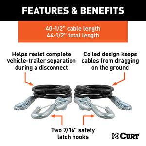 Curt 44-1/2in Safety Cables w/2 Snap Hooks (5000lbs Vinyl-Coated 2-Pack)